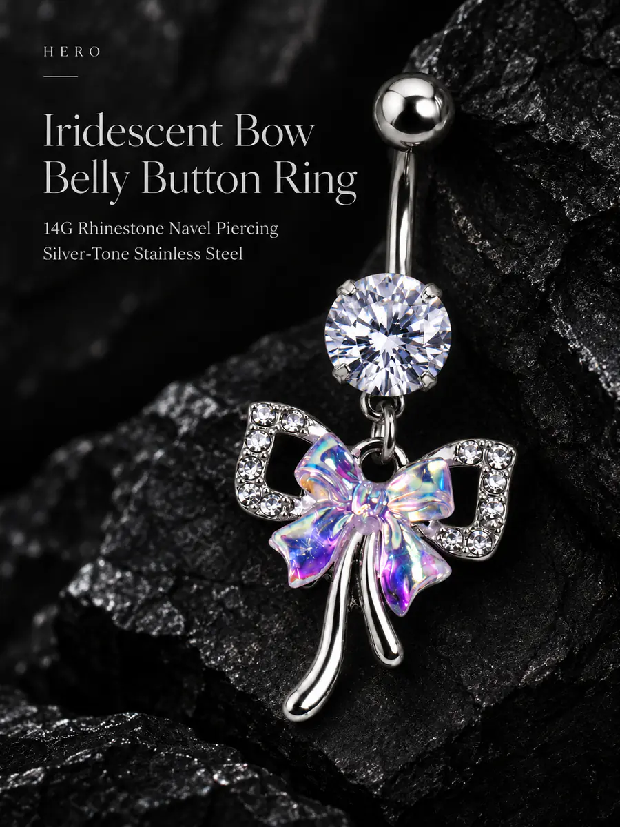 Iridescent Bow Belly Button Ring, 14G Rhinestone Navel Piercing, Stainless Steel Dangle Body Jewelry for Women - product image