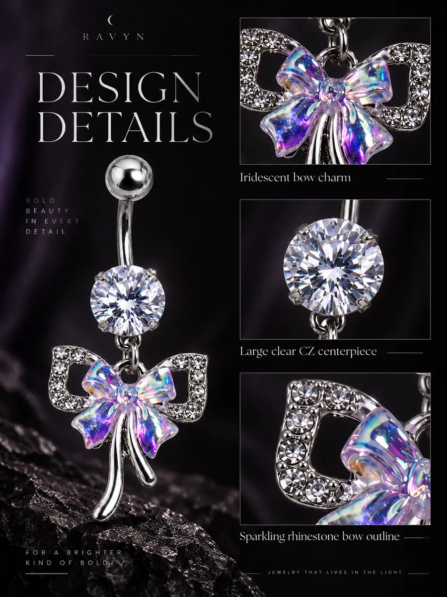 Iridescent Bow Belly Button Ring, 14G Rhinestone Navel Piercing, Stainless Steel Dangle Body Jewelry for Women - product image