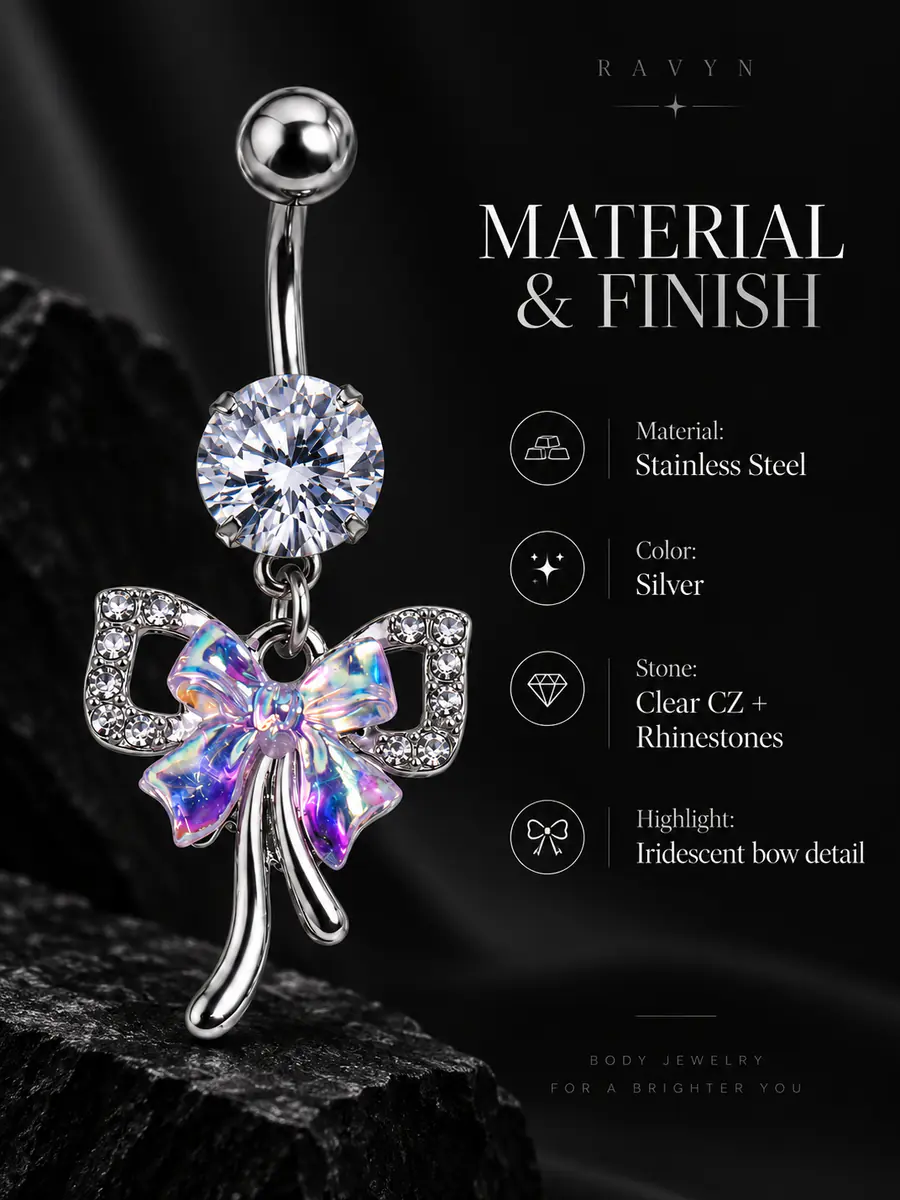 Iridescent Bow Belly Button Ring, 14G Rhinestone Navel Piercing, Stainless Steel Dangle Body Jewelry for Women - product image