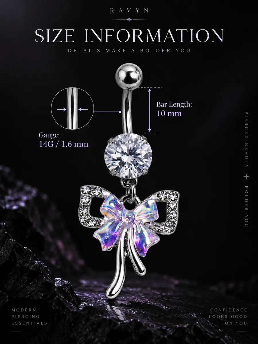Iridescent Bow Belly Button Ring, 14G Rhinestone Navel Piercing, Stainless Steel Dangle Body Jewelry for Women - product image