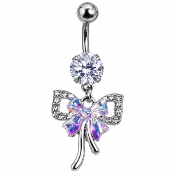 Iridescent Bow Belly Button Ring, 14G Rhinestone Navel Piercing, Stainless Steel Dangle Body Jewelry for Women