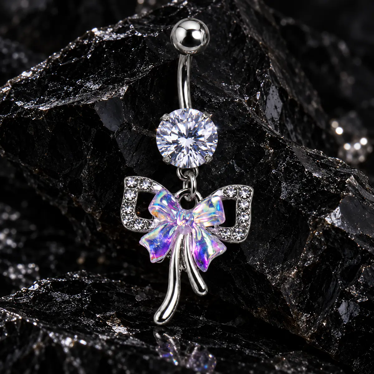 Iridescent Bow Belly Button Ring, 14G Rhinestone Navel Piercing, Stainless Steel Dangle Body Jewelry for Women - product image