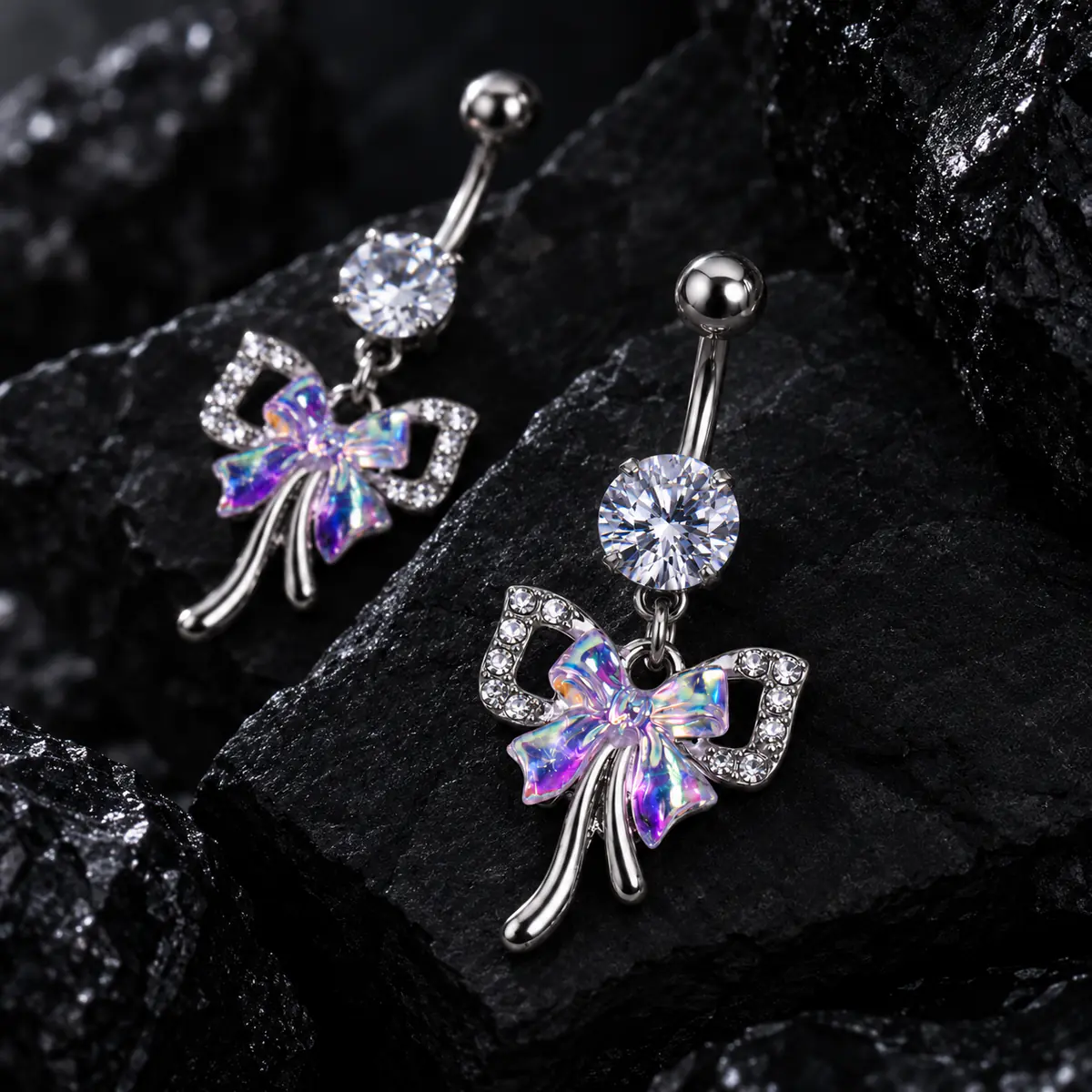 Iridescent Bow Belly Button Ring, 14G Rhinestone Navel Piercing, Stainless Steel Dangle Body Jewelry for Women - product image