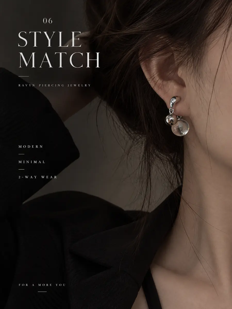 Clear Orb Double Ball Drop Earrings, 2-Way Wear Minimalist Dangle Earrings, Modern Statement Jewelry for Women - product image