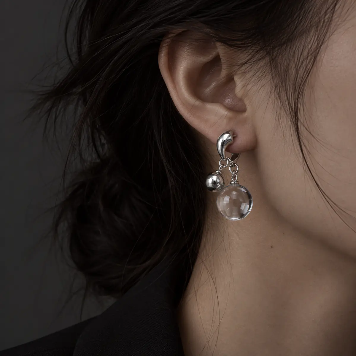 Clear Orb Double Ball Drop Earrings, 2-Way Wear Minimalist Dangle Earrings, Modern Statement Jewelry for Women - wearing view