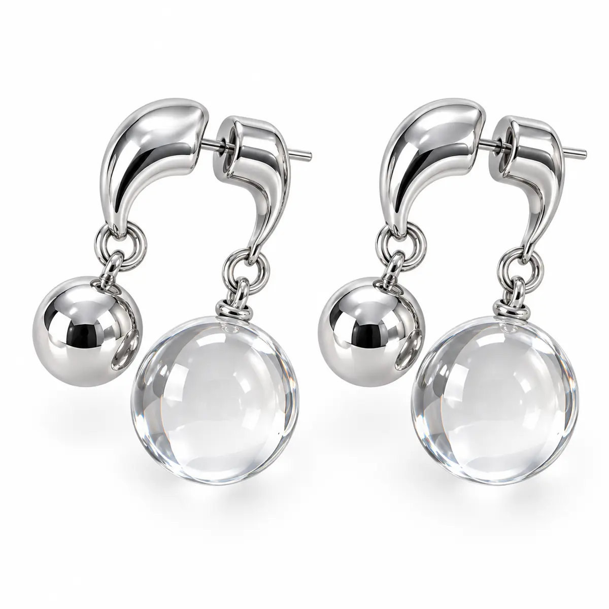 Clear Orb Double Ball Drop Earrings, 2-Way Wear Minimalist Dangle Earrings, Modern Statement Jewelry for Women - 1_Pair