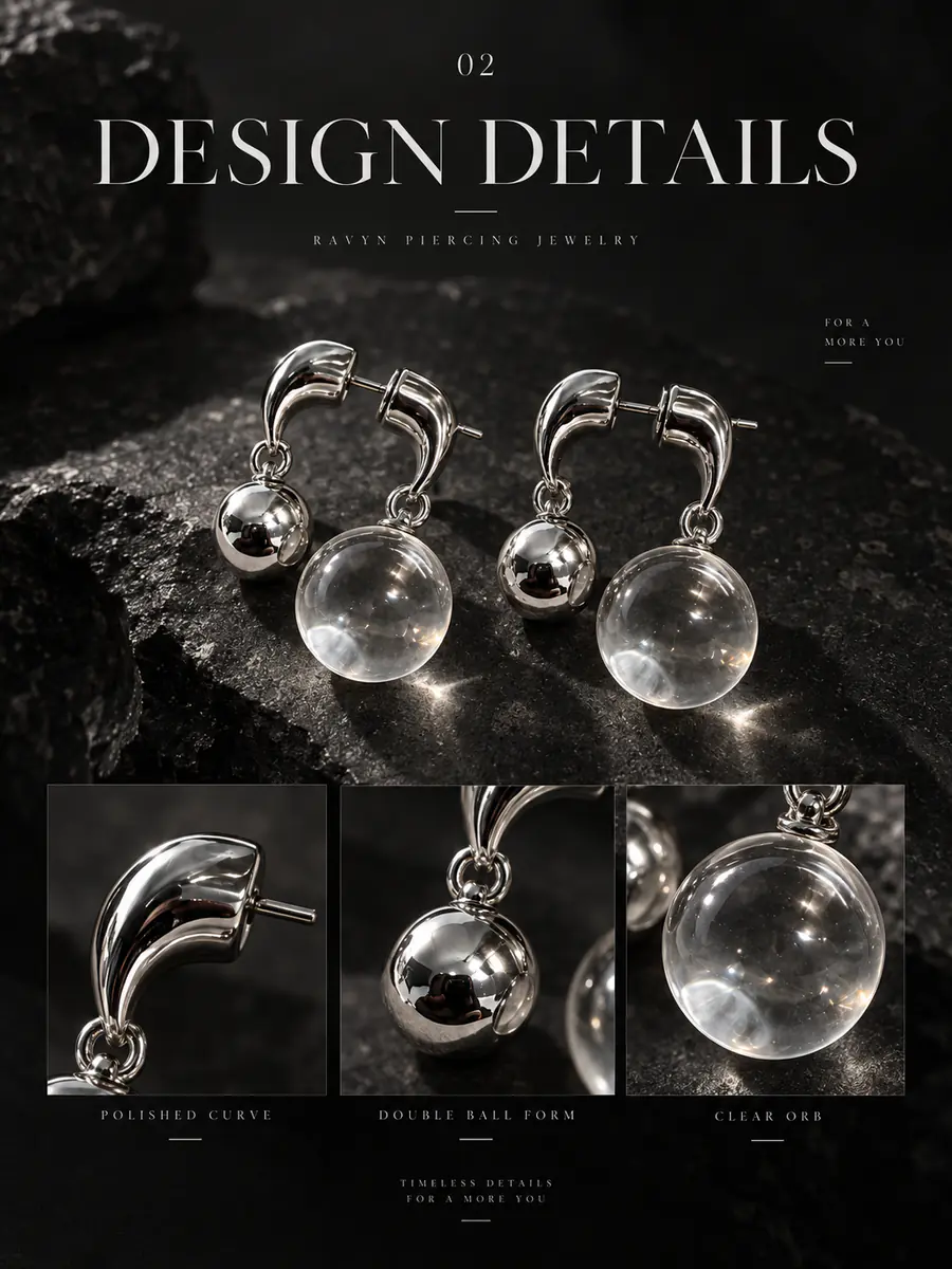 Clear Orb Double Ball Drop Earrings, 2-Way Wear Minimalist Dangle Earrings, Modern Statement Jewelry for Women - product image