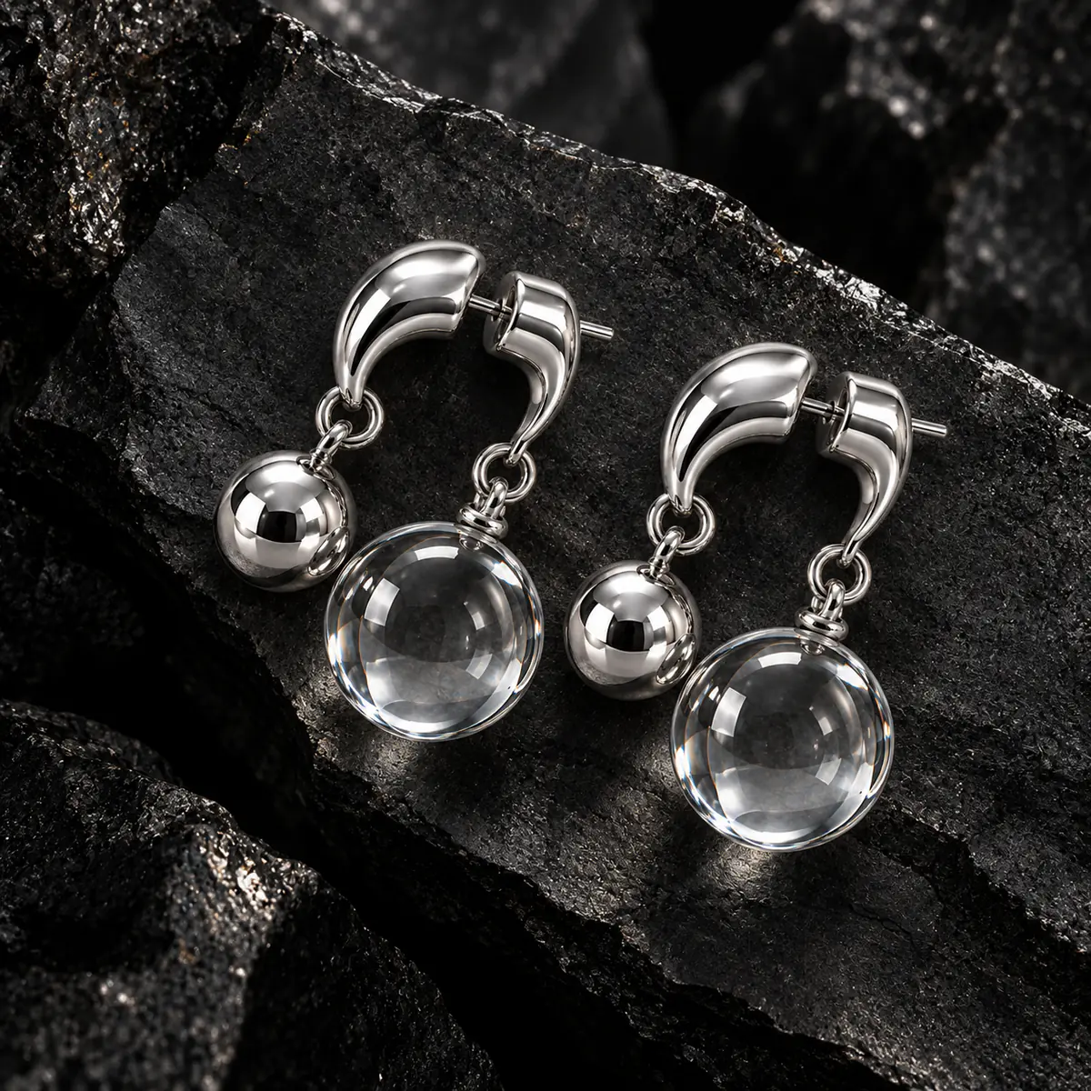 Clear Orb Double Ball Drop Earrings, 2-Way Wear Minimalist Dangle Earrings, Modern Statement Jewelry for Women - product image
