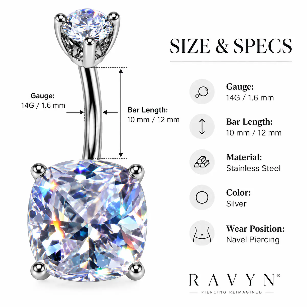 Cushion Cut CZ Belly Button Ring, Geometric Navel Piercing, Sparkly Statement Body Jewelry - product image