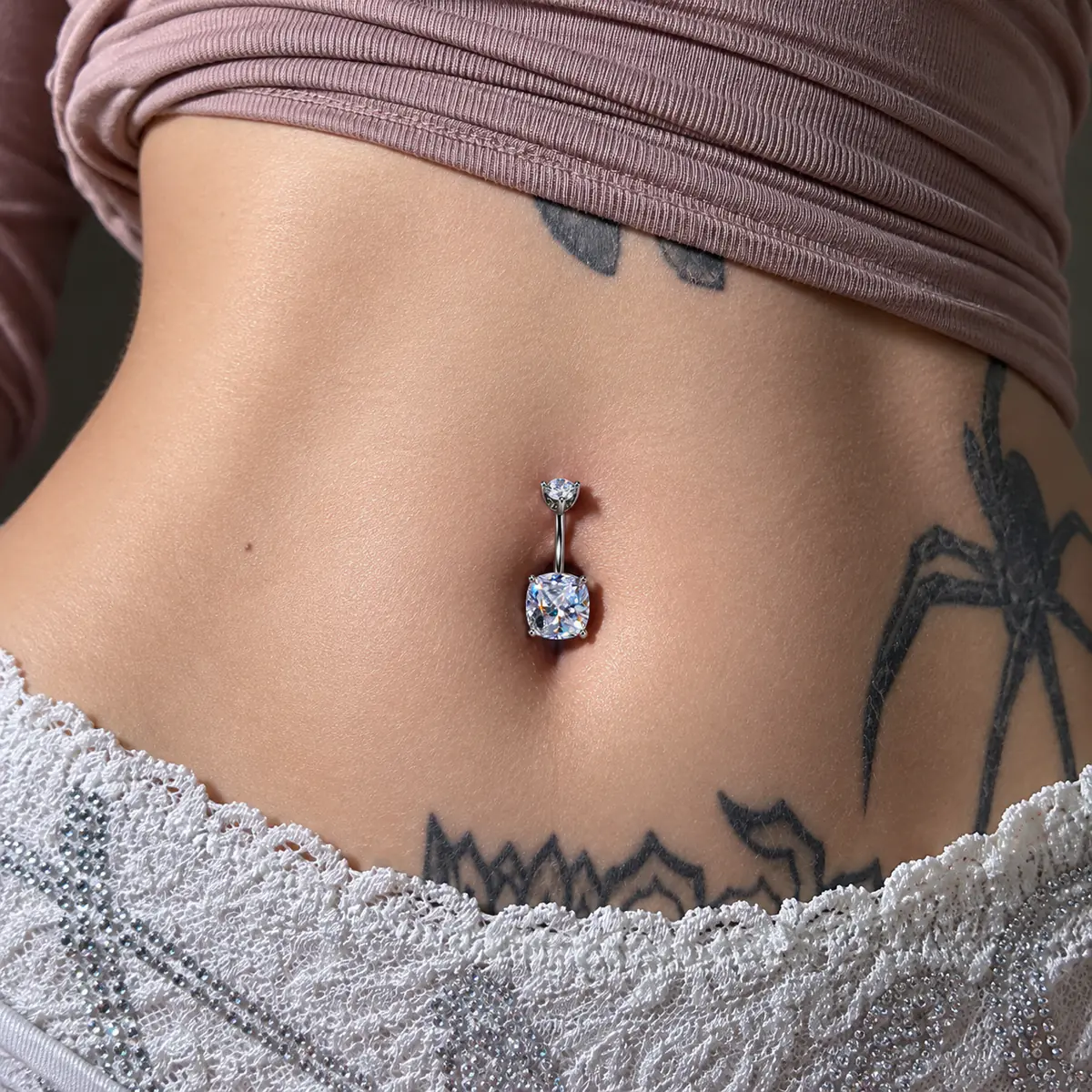 Cushion Cut CZ Belly Button Ring, Geometric Navel Piercing, Sparkly Statement Body Jewelry - wearing view