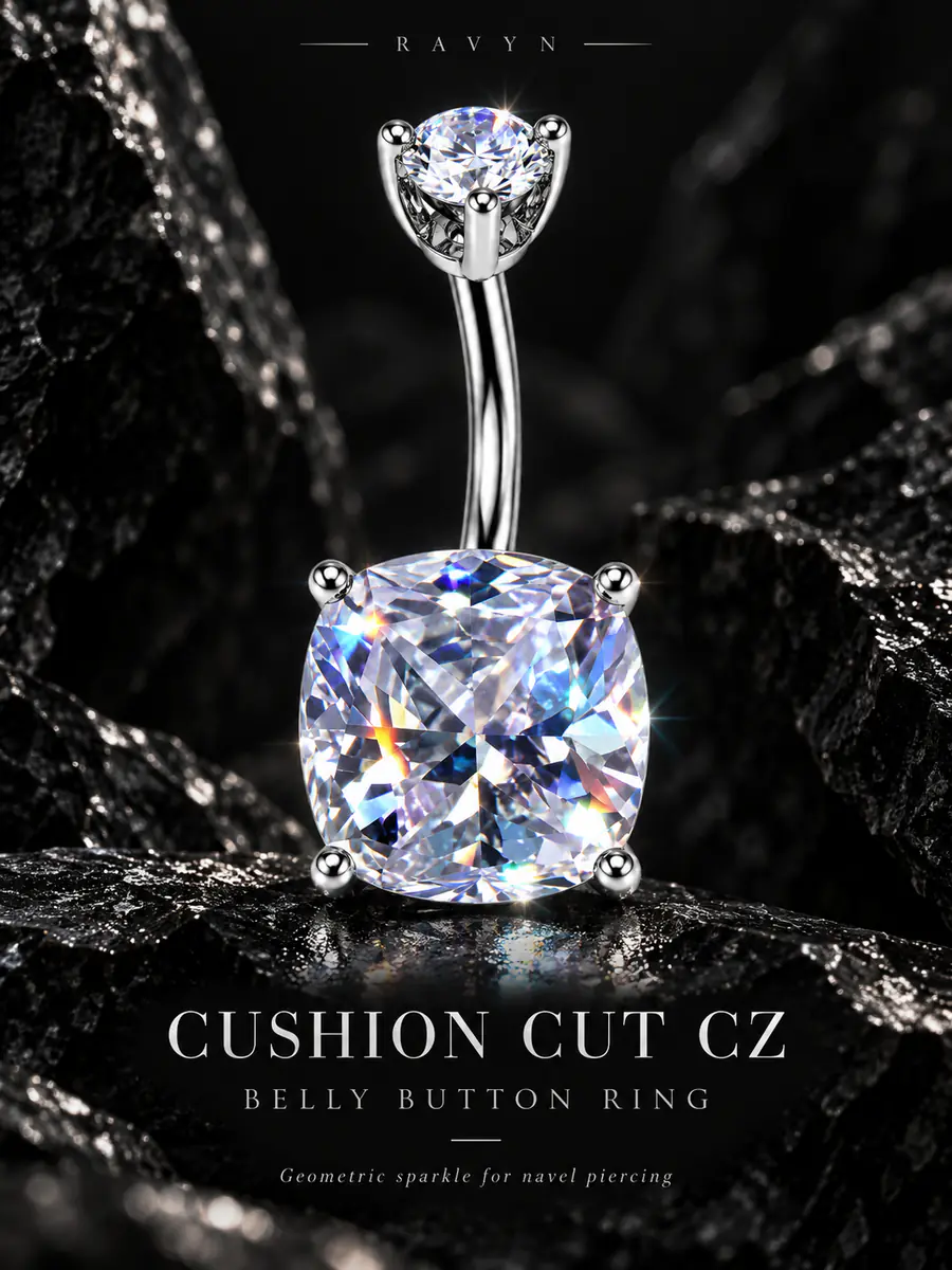 Cushion Cut CZ Belly Button Ring, Geometric Navel Piercing, Sparkly Statement Body Jewelry - product image