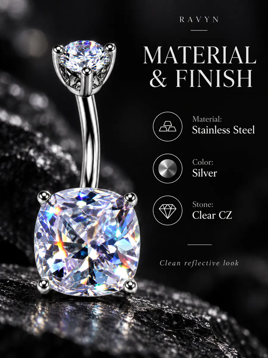 Cushion Cut CZ Belly Button Ring, Geometric Navel Piercing, Sparkly Statement Body Jewelry - product image