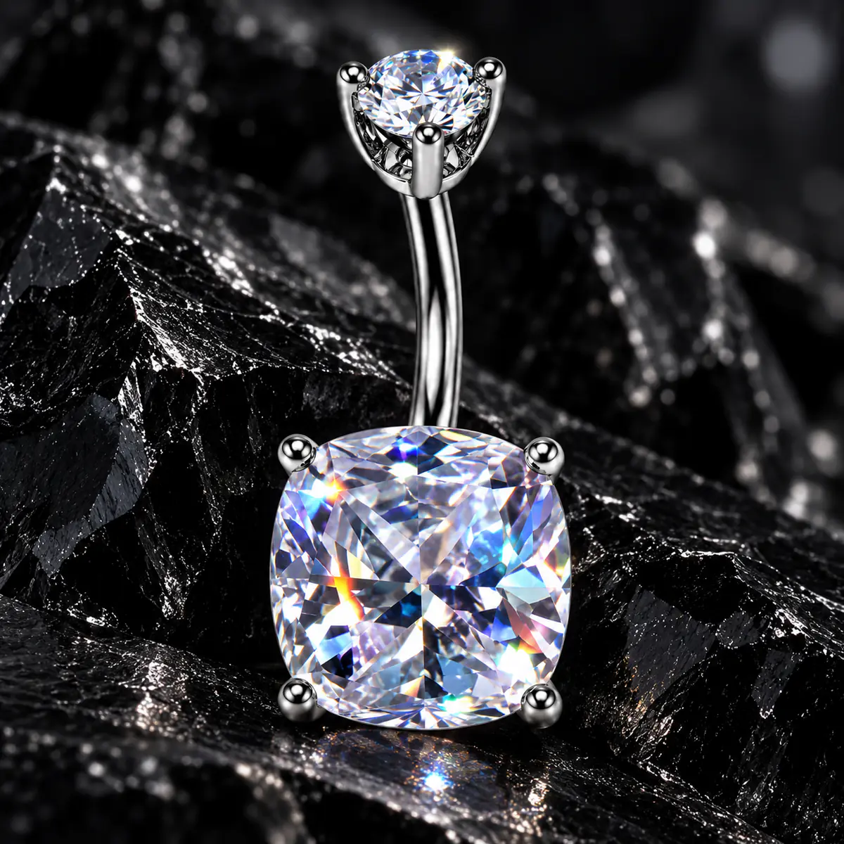 Cushion Cut CZ Belly Button Ring, Geometric Navel Piercing, Sparkly Statement Body Jewelry - product image