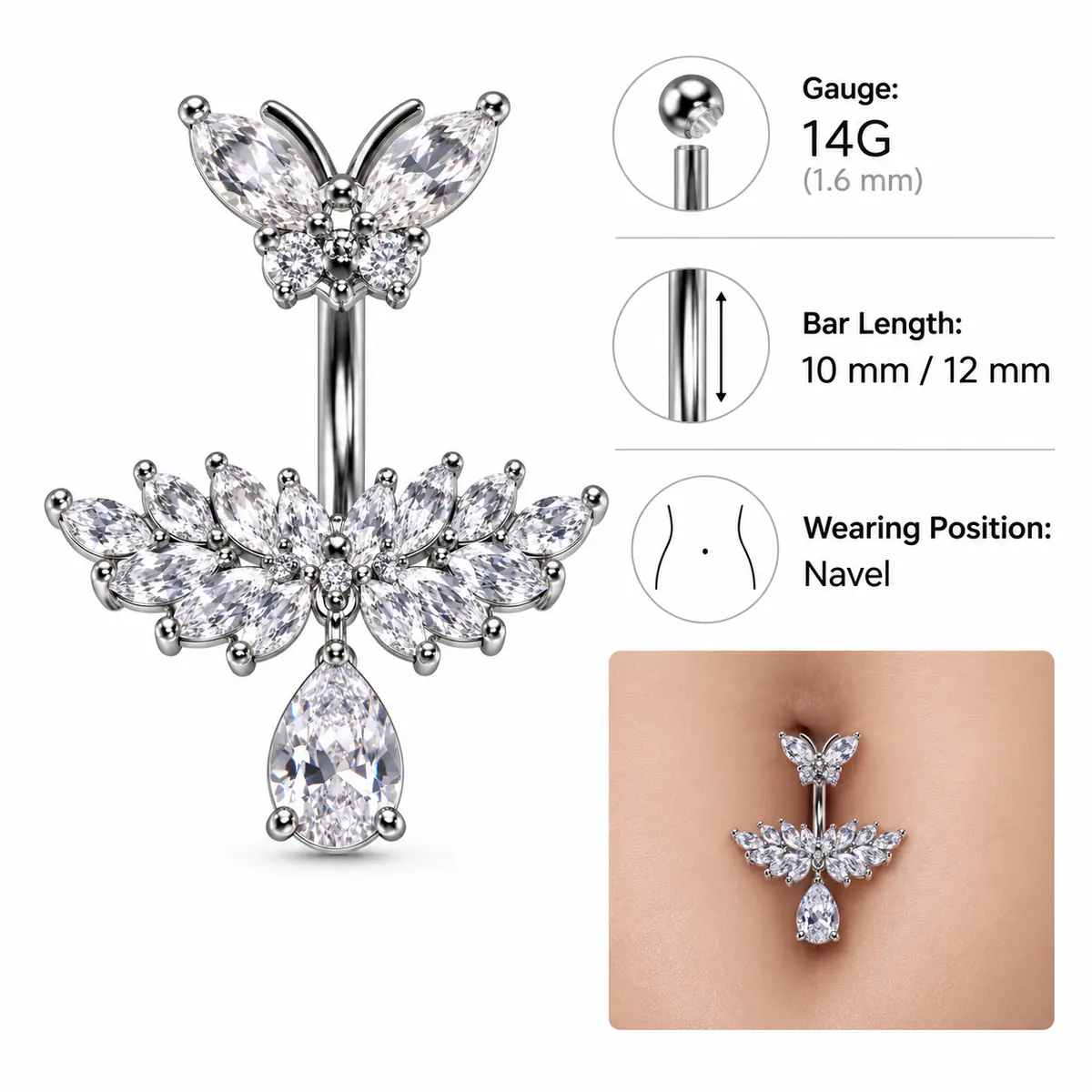 Butterfly CZ Teardrop Belly Button Ring, Sparkly Floral Navel Piercing, Y2K Statement Body Jewelry - product image