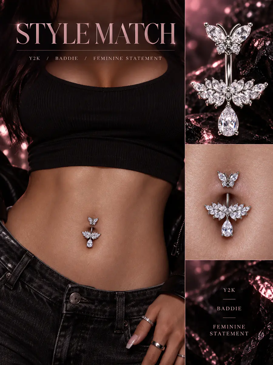 Butterfly CZ Teardrop Belly Button Ring, Sparkly Floral Navel Piercing, Y2K Statement Body Jewelry - product image