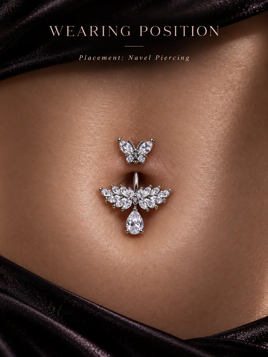 Butterfly CZ Teardrop Belly Button Ring, Sparkly Floral Navel Piercing, Y2K Statement Body Jewelry - product image