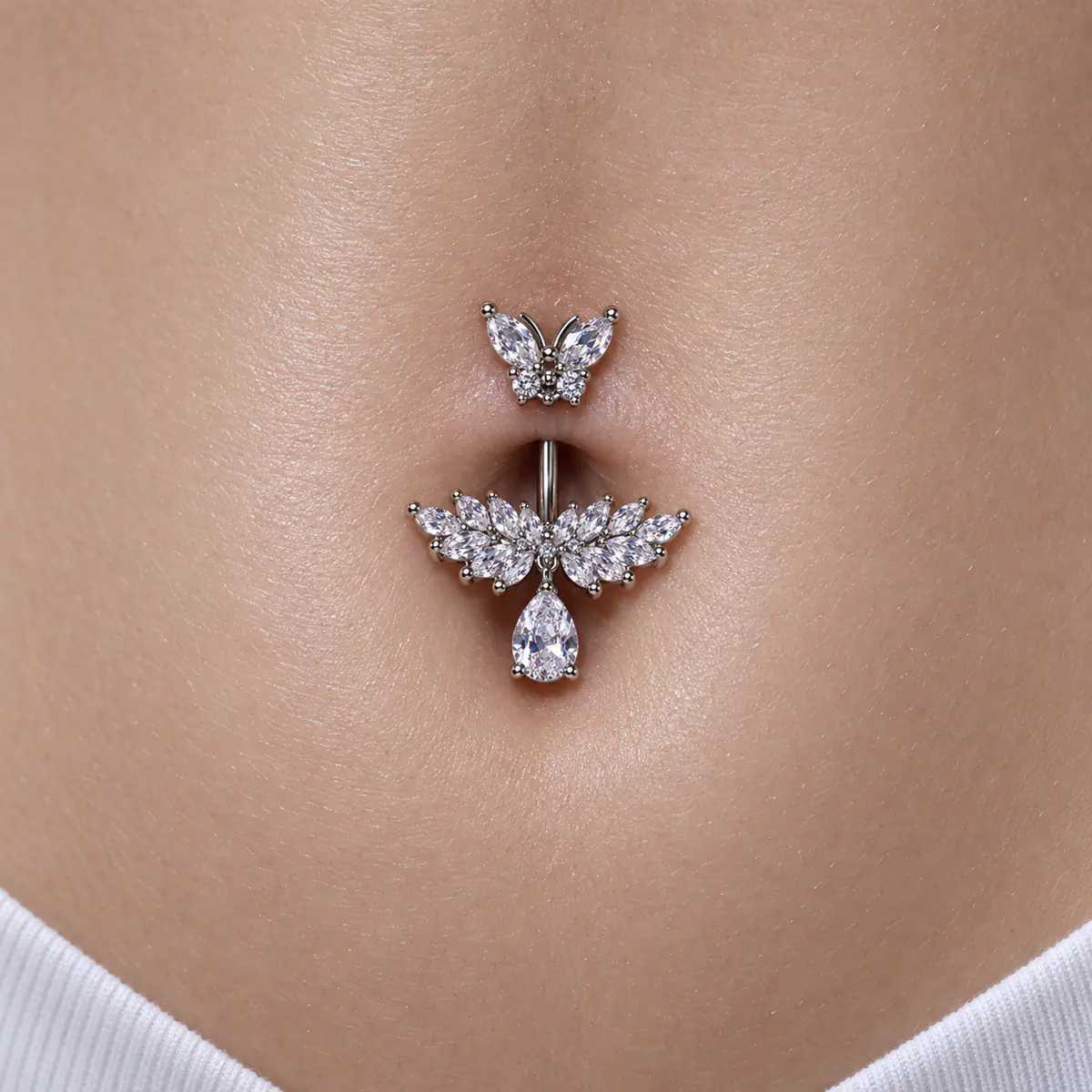 Butterfly CZ Teardrop Belly Button Ring, Sparkly Floral Navel Piercing, Y2K Statement Body Jewelry - wearing view