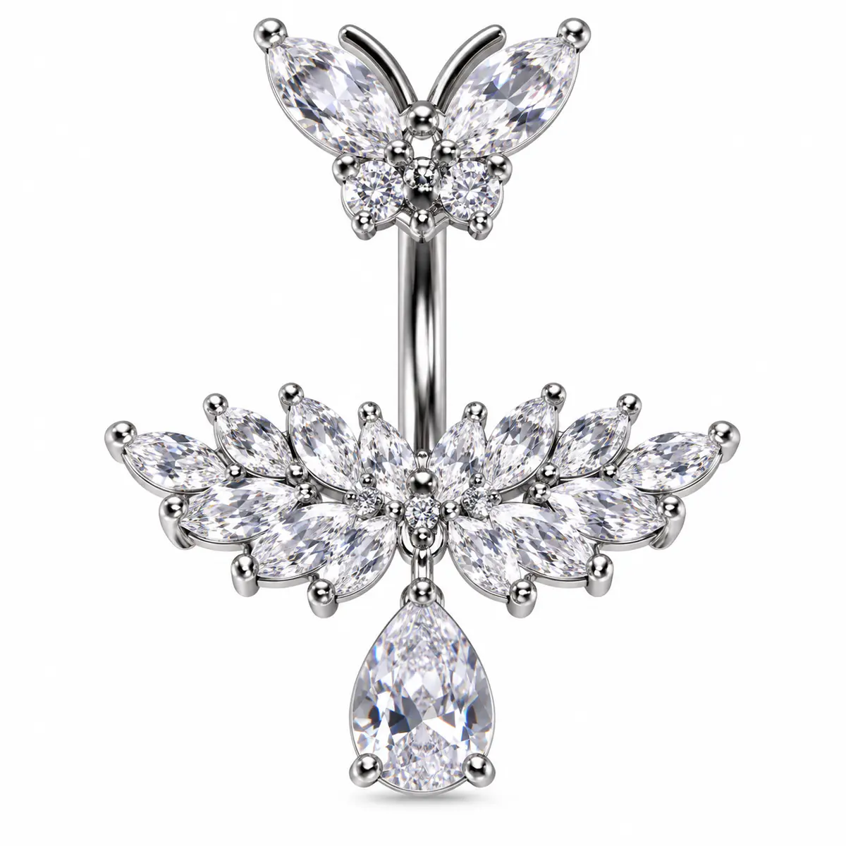 Butterfly CZ Teardrop Belly Button Ring, Sparkly Floral Navel Piercing, Y2K Statement Body Jewelry - 1_pcs 1.6/10mm