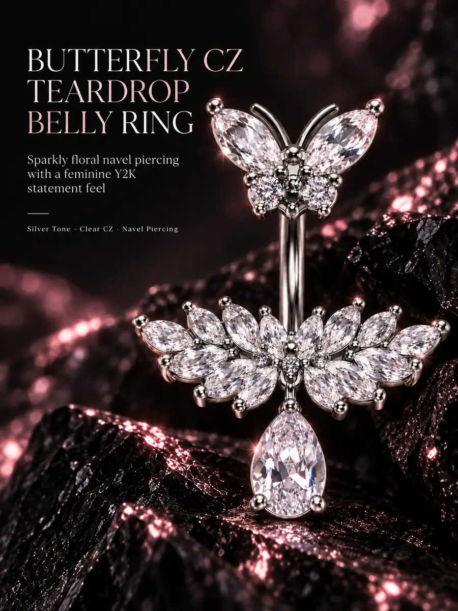 Butterfly CZ Teardrop Belly Button Ring, Sparkly Floral Navel Piercing, Y2K Statement Body Jewelry - product image