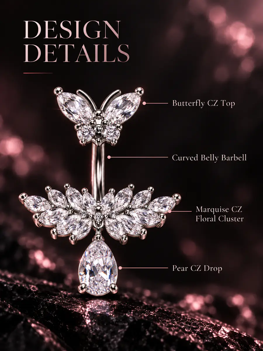 Butterfly CZ Teardrop Belly Button Ring, Sparkly Floral Navel Piercing, Y2K Statement Body Jewelry - product image