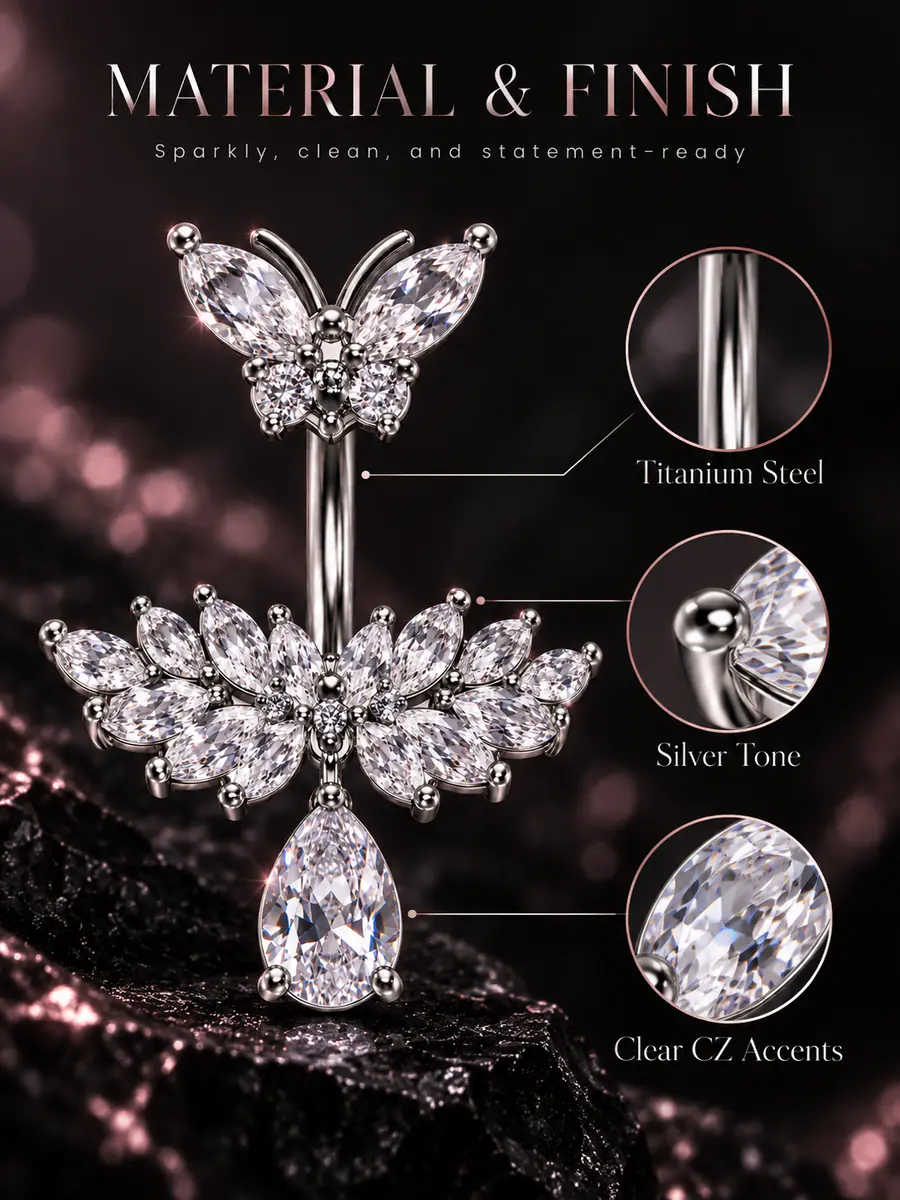 Butterfly CZ Teardrop Belly Button Ring, Sparkly Floral Navel Piercing, Y2K Statement Body Jewelry - product image