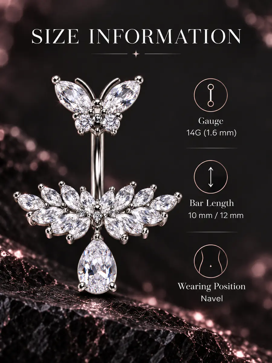 Butterfly CZ Teardrop Belly Button Ring, Sparkly Floral Navel Piercing, Y2K Statement Body Jewelry - product image