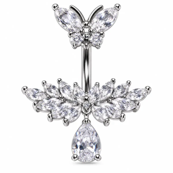 Butterfly CZ Teardrop Belly Button Ring, Sparkly Floral Navel Piercing, Y2K Statement Body Jewelry