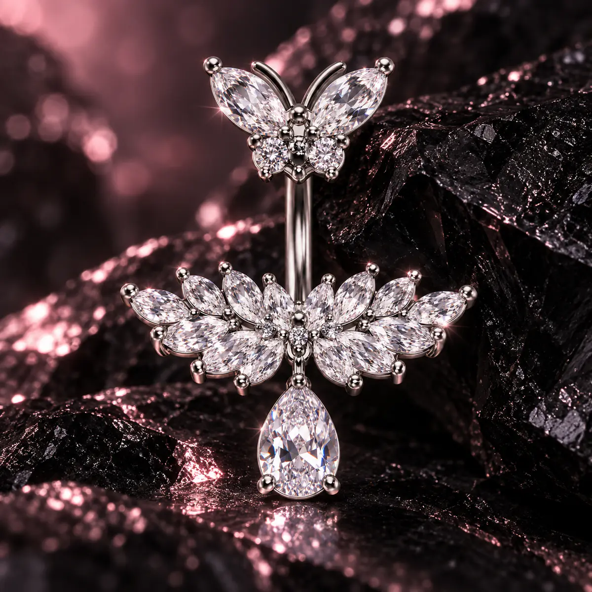 Butterfly CZ Teardrop Belly Button Ring, Sparkly Floral Navel Piercing, Y2K Statement Body Jewelry - product image