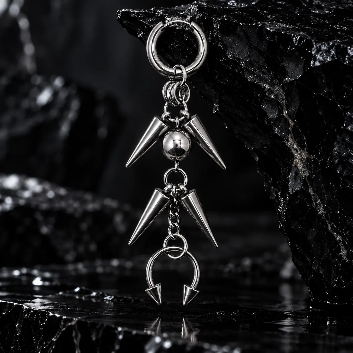 Spike Chain Helix to Lobe Earring, Titanium Steel Cartilage Chain Piercing, Industrial Gothic Jewelry - wearing view