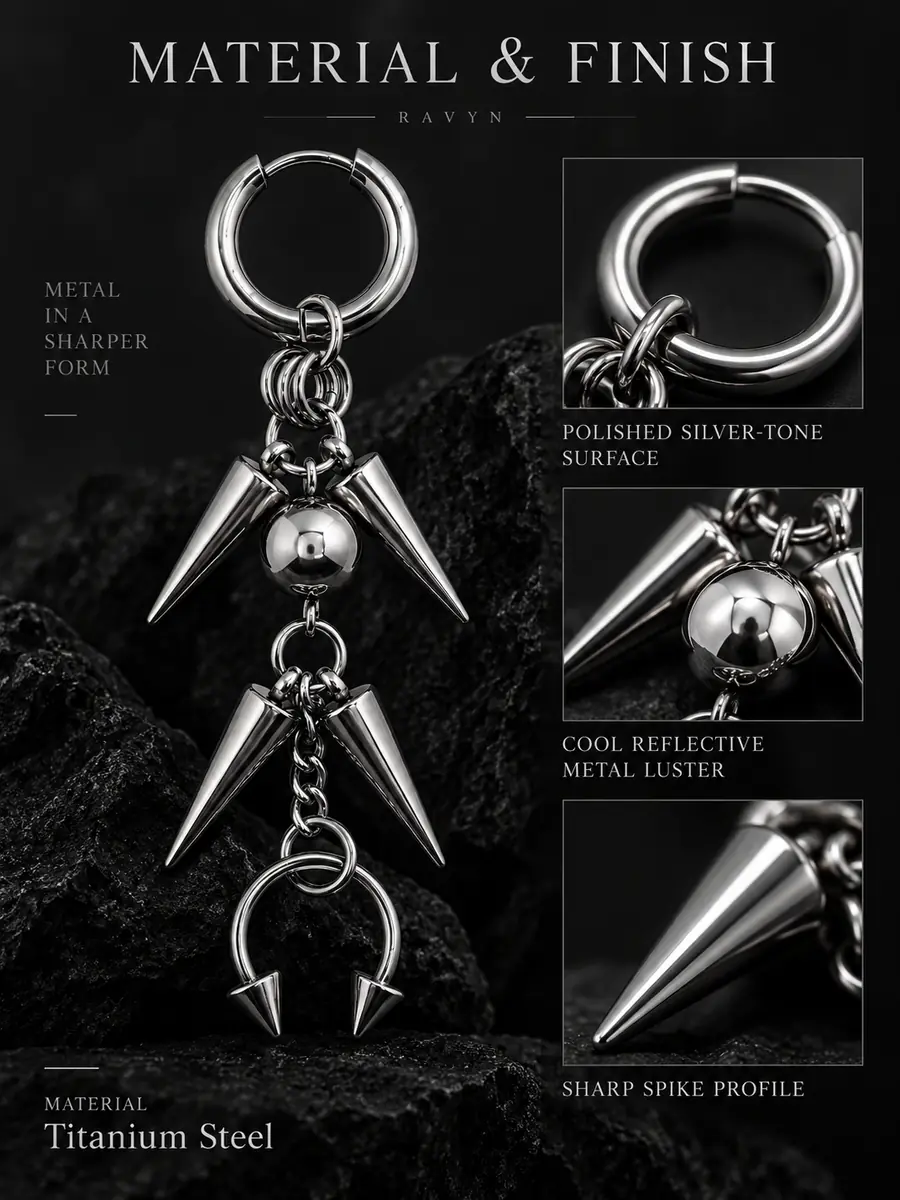 Spike Chain Helix to Lobe Earring, Titanium Steel Cartilage Chain Piercing, Industrial Gothic Jewelry - product image