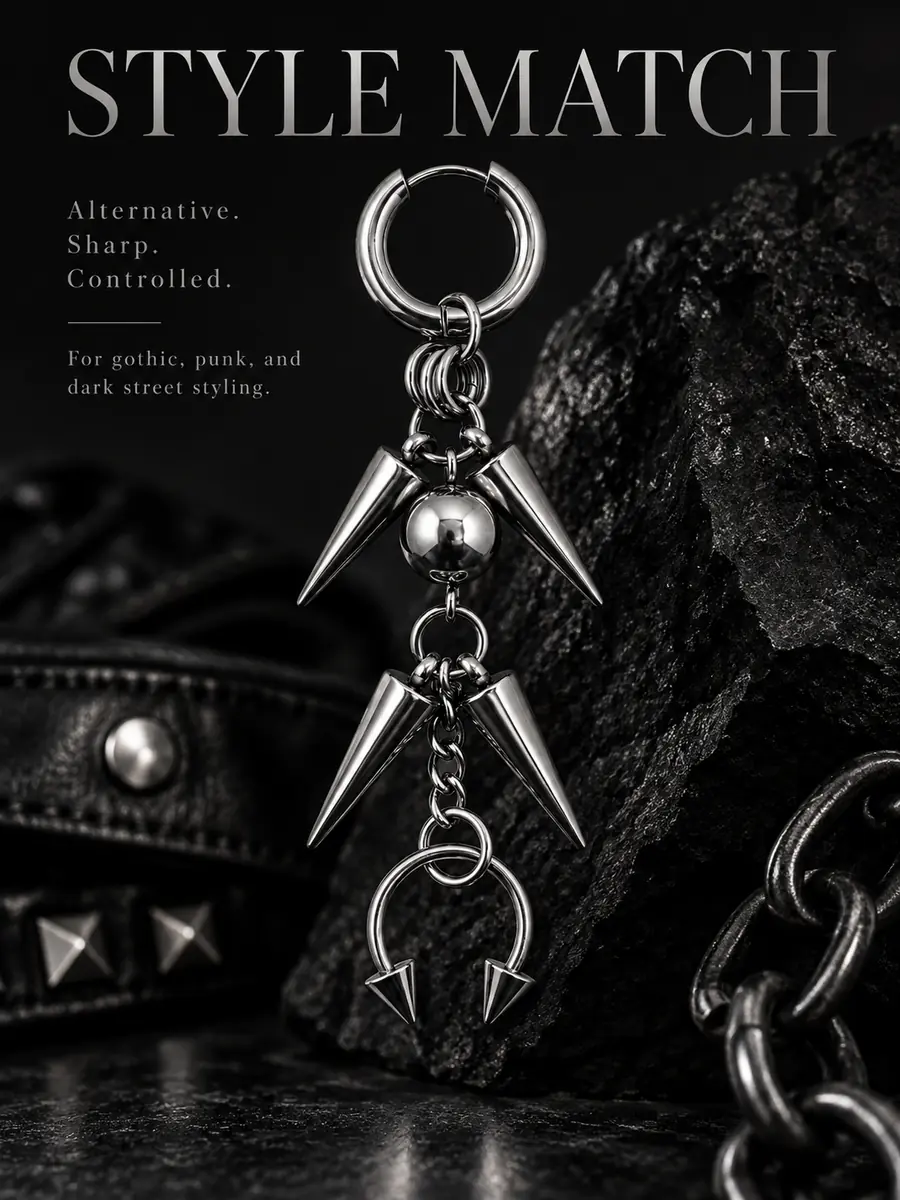 Spike Chain Helix to Lobe Earring, Titanium Steel Cartilage Chain Piercing, Industrial Gothic Jewelry - product image