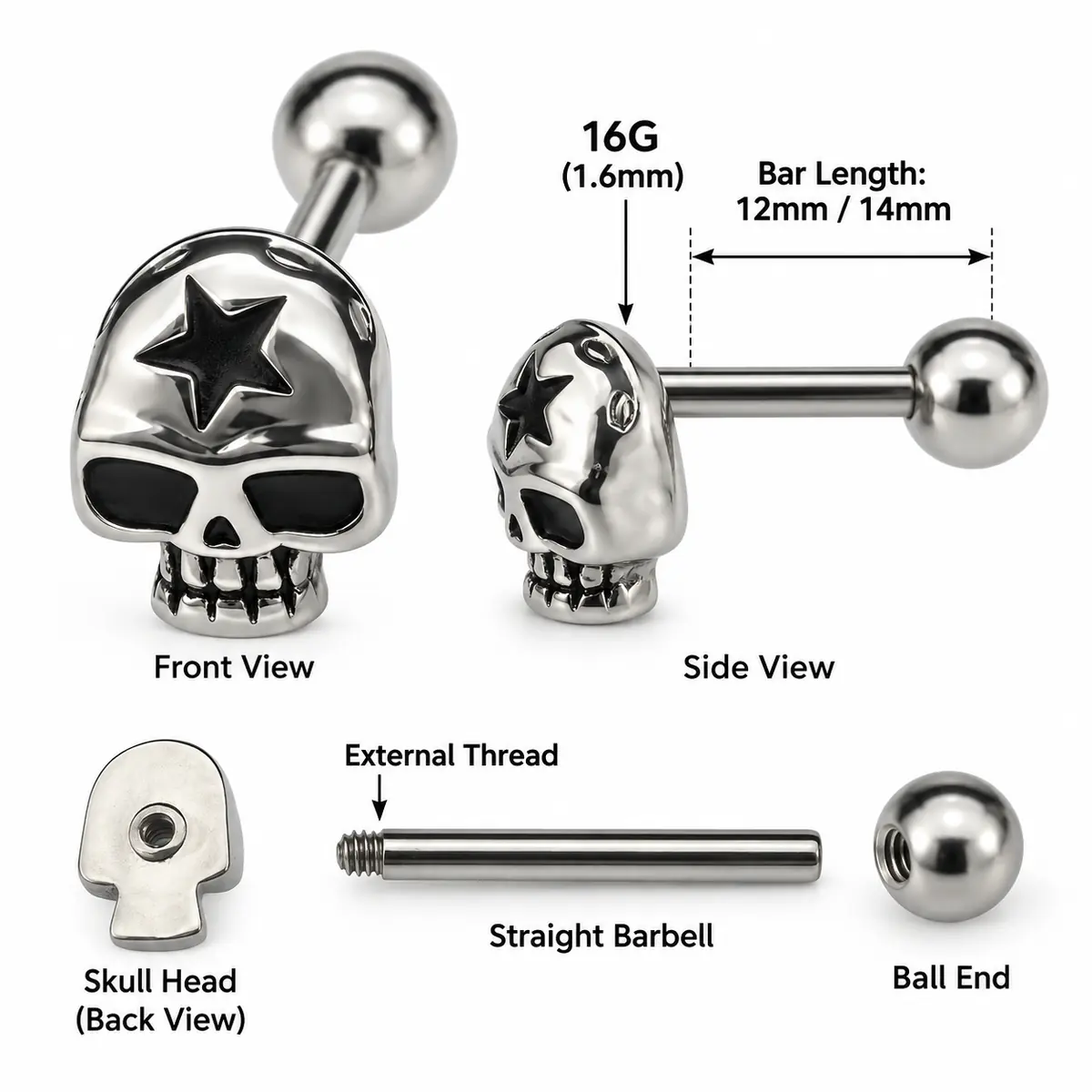 Skull Tongue Ring, Titanium Steel Skull Barbell, External Thread Gothic Tongue Piercing Jewelry - product image