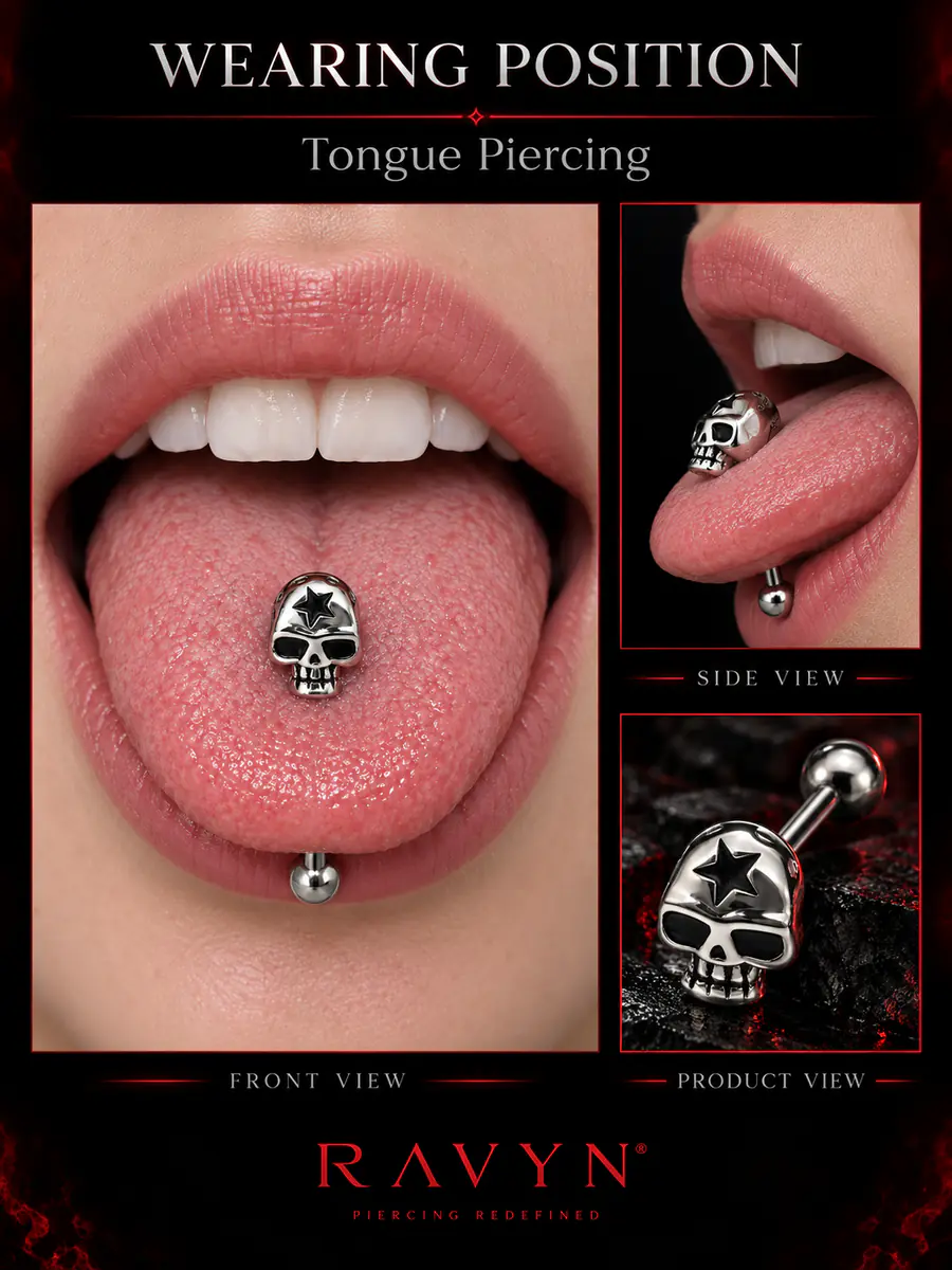 Skull Tongue Ring, Titanium Steel Skull Barbell, External Thread Gothic Tongue Piercing Jewelry - product image