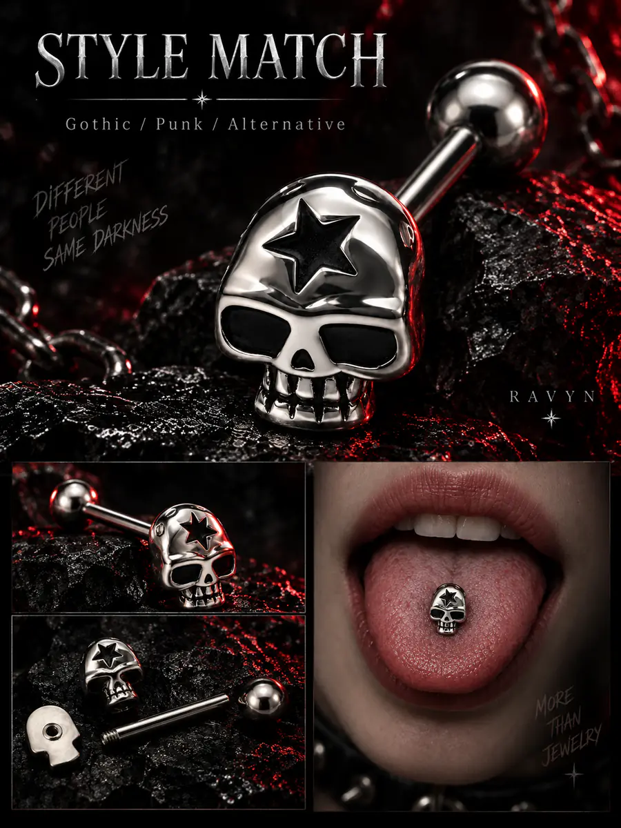 Skull Tongue Ring, Titanium Steel Skull Barbell, External Thread Gothic Tongue Piercing Jewelry - product image