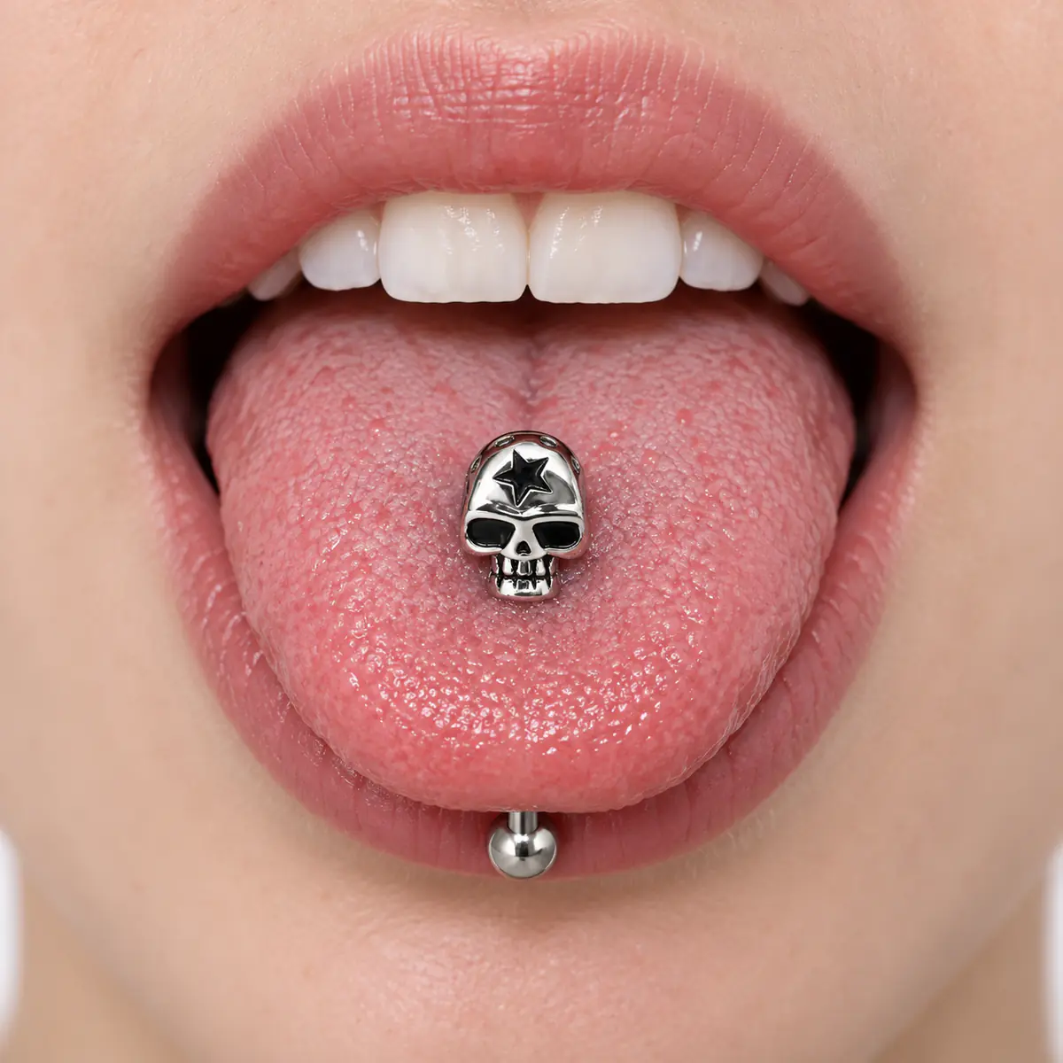 Skull Tongue Ring, Titanium Steel Skull Barbell, External Thread Gothic Tongue Piercing Jewelry - wearing view