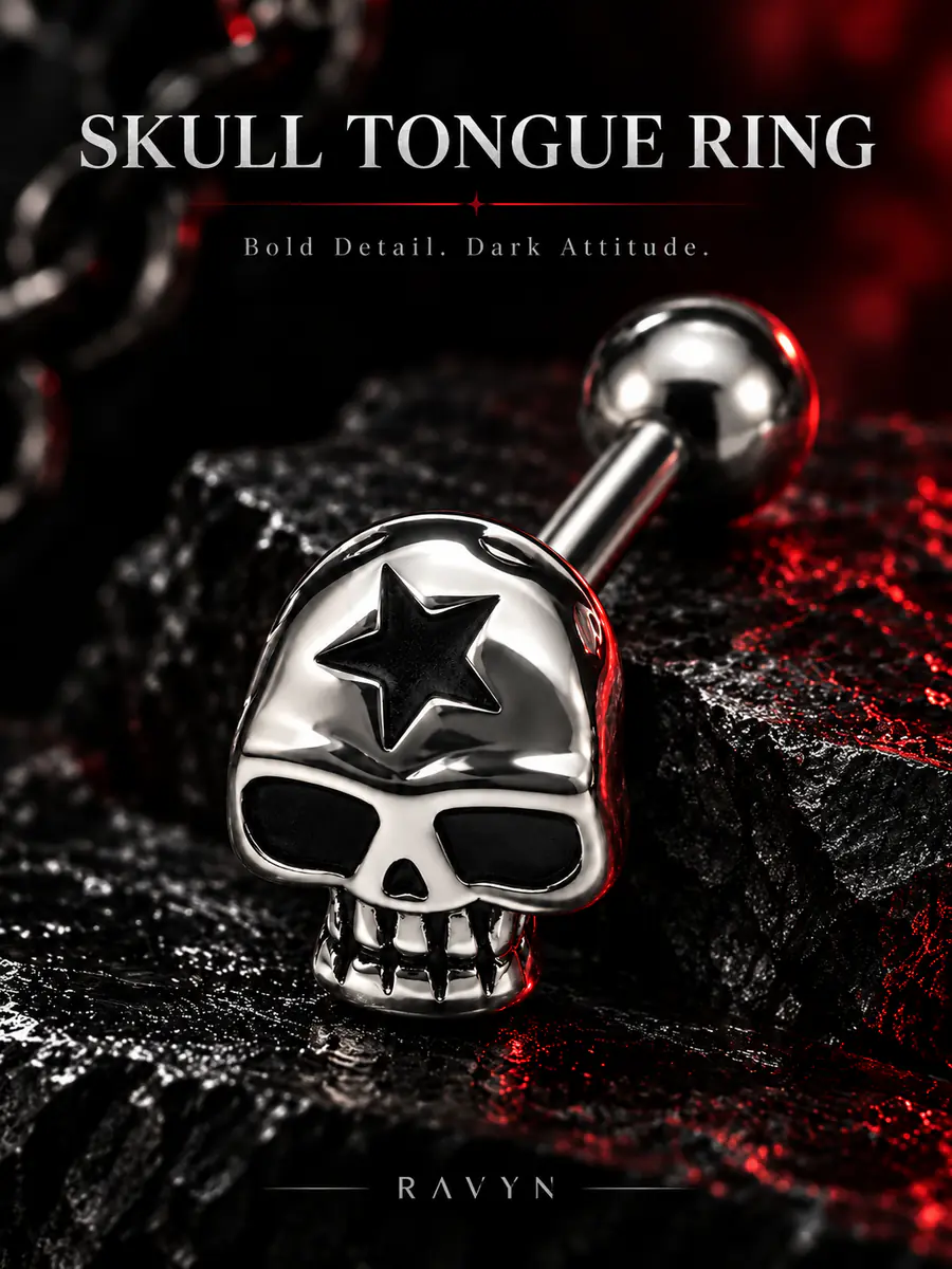 Skull Tongue Ring, Titanium Steel Skull Barbell, External Thread Gothic Tongue Piercing Jewelry - product image