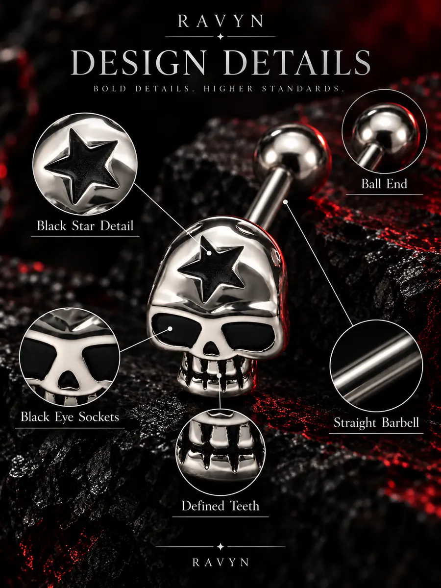 Skull Tongue Ring, Titanium Steel Skull Barbell, External Thread Gothic Tongue Piercing Jewelry - product image