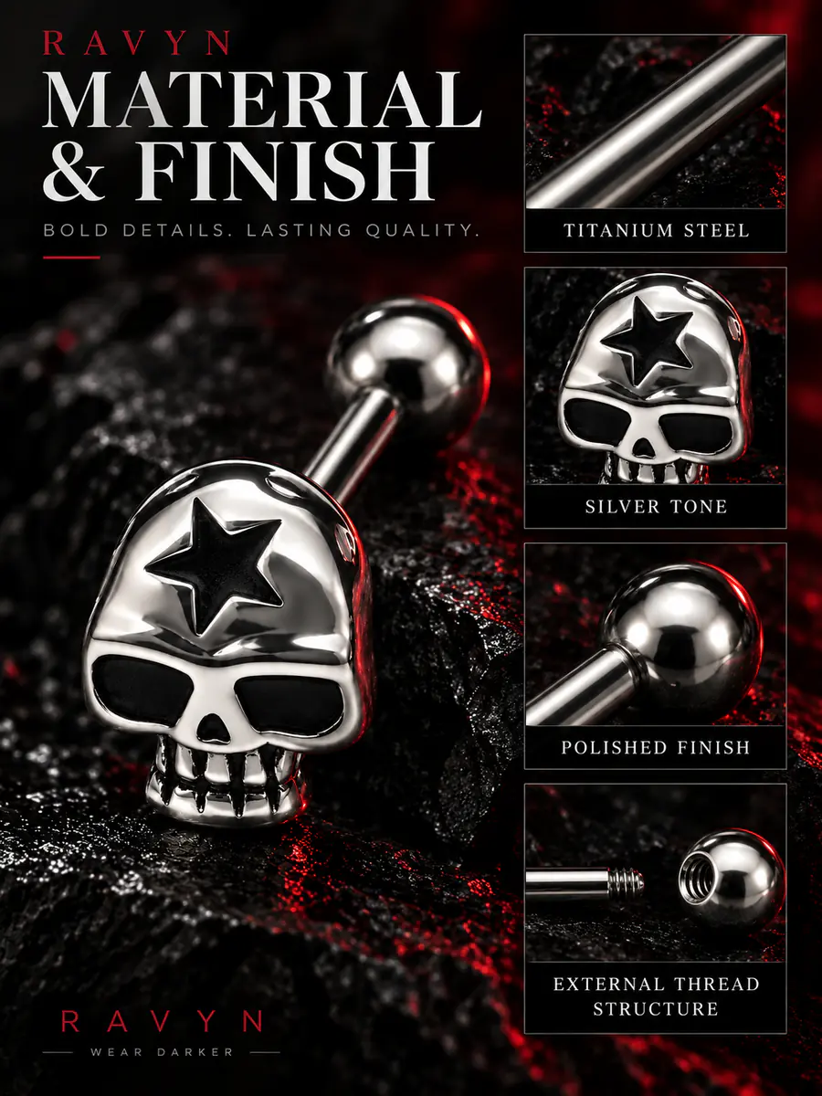 Skull Tongue Ring, Titanium Steel Skull Barbell, External Thread Gothic Tongue Piercing Jewelry - product image
