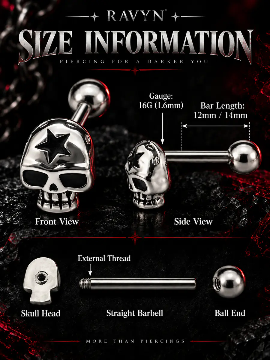 Skull Tongue Ring, Titanium Steel Skull Barbell, External Thread Gothic Tongue Piercing Jewelry - product image