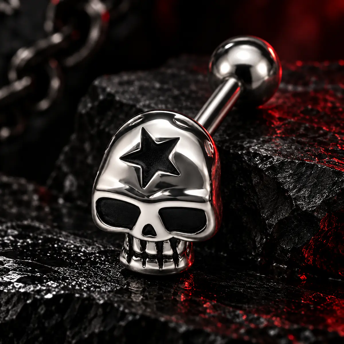 Skull Tongue Ring, Titanium Steel Skull Barbell, External Thread Gothic Tongue Piercing Jewelry - product image