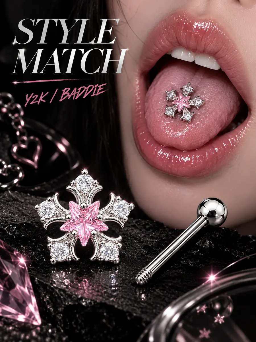 Pink Star Snowflake Tongue Ring, Crystal CZ Barbell, External Thread Y2K Piercing Jewelry - product image