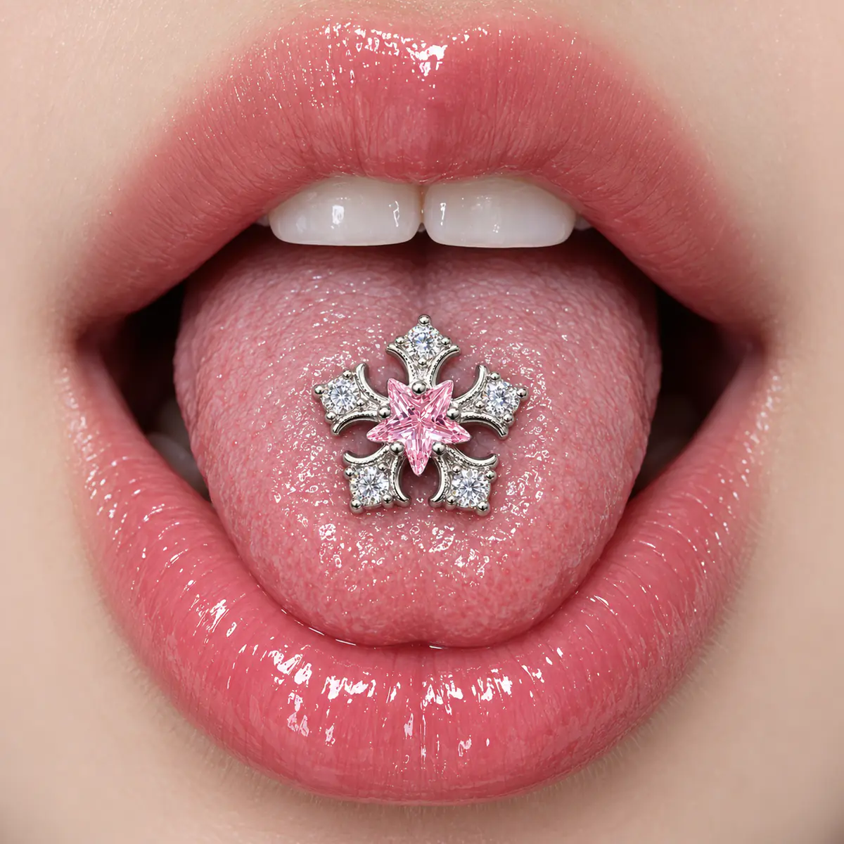 Pink Star Snowflake Tongue Ring, Crystal CZ Barbell, External Thread Y2K Piercing Jewelry - product image