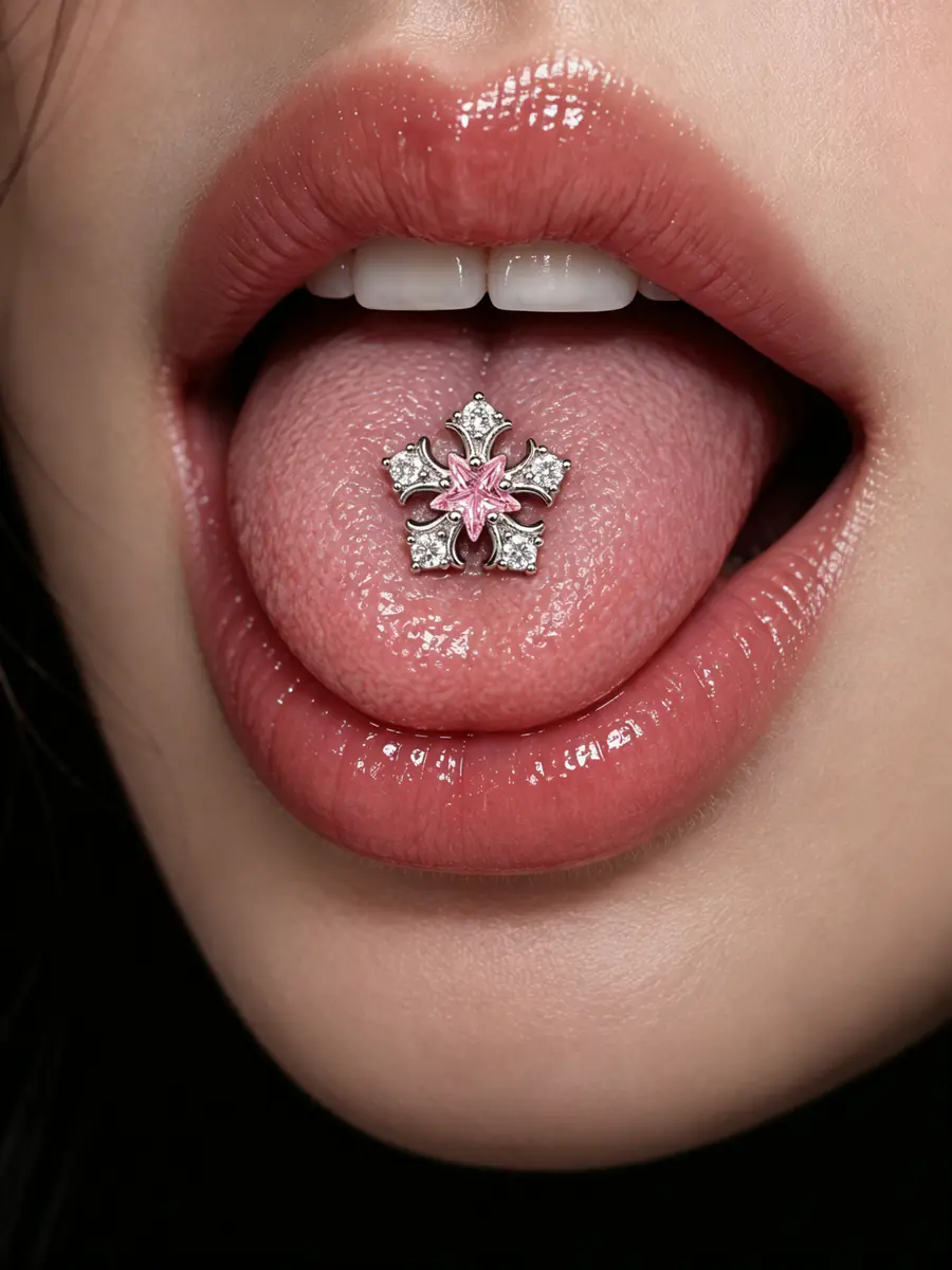 Pink Star Snowflake Tongue Ring, Crystal CZ Barbell, External Thread Y2K Piercing Jewelry - wearing view