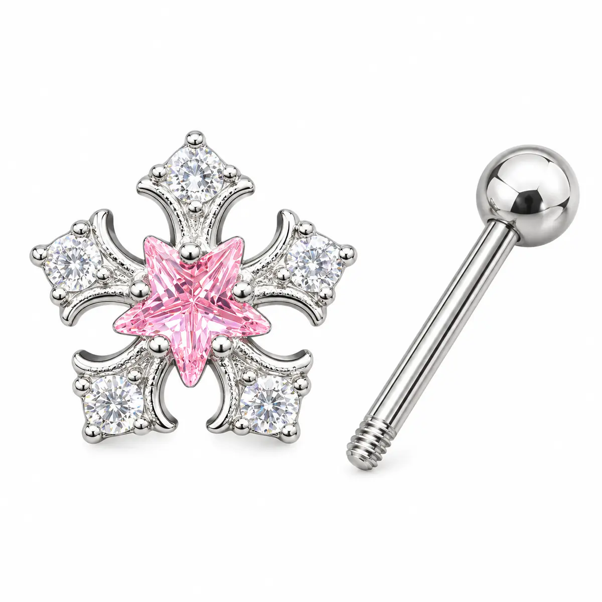 Pink Star Snowflake Tongue Ring, Crystal CZ Barbell, External Thread Y2K Piercing Jewelry - 1_pcs 1.6/10mm