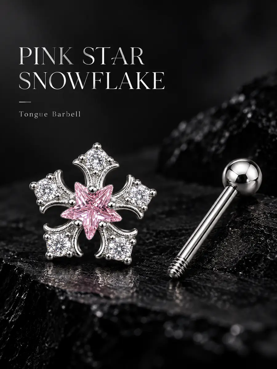 Pink Star Snowflake Tongue Ring, Crystal CZ Barbell, External Thread Y2K Piercing Jewelry - product image