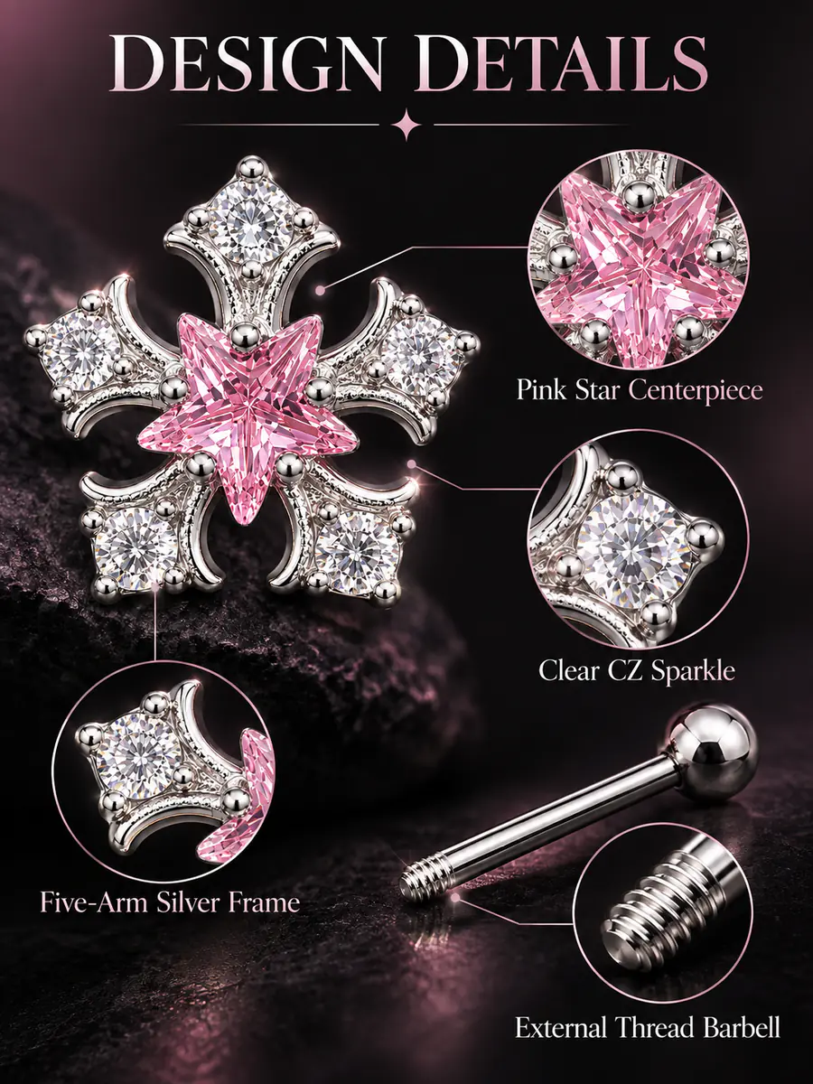 Pink Star Snowflake Tongue Ring, Crystal CZ Barbell, External Thread Y2K Piercing Jewelry - product image