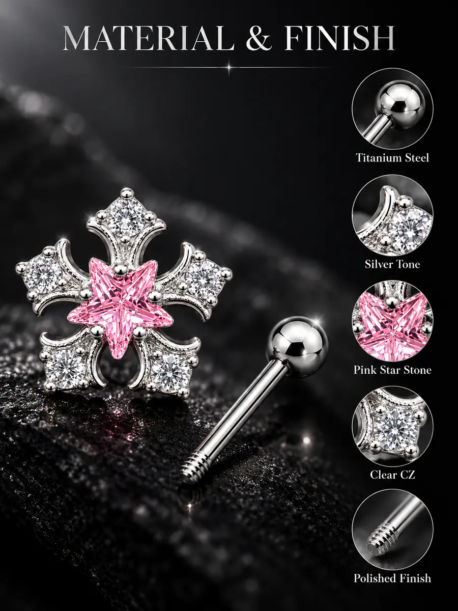 Pink Star Snowflake Tongue Ring, Crystal CZ Barbell, External Thread Y2K Piercing Jewelry - product image