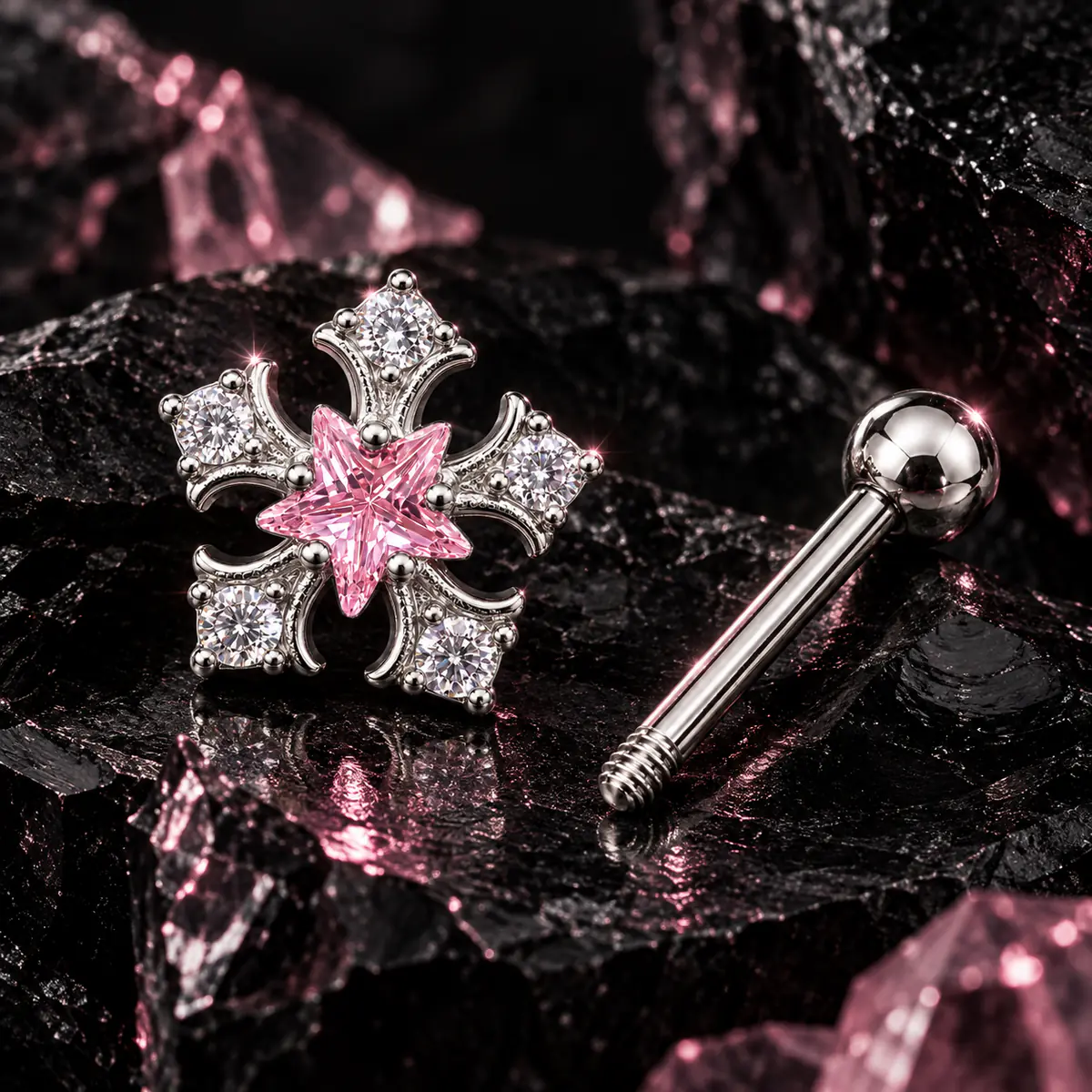 Pink Star Snowflake Tongue Ring, Crystal CZ Barbell, External Thread Y2K Piercing Jewelry - product image