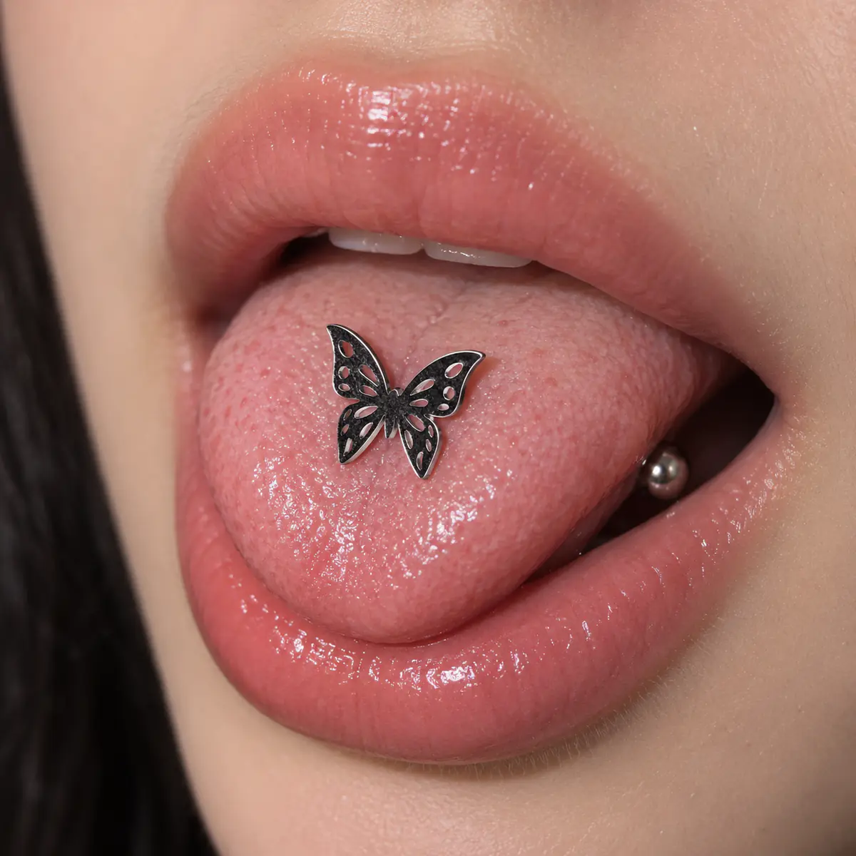 Cut-Out Butterfly Tongue Ring, Titanium Steel Butterfly Barbell, Edgy Tongue Piercing Jewelry - product image