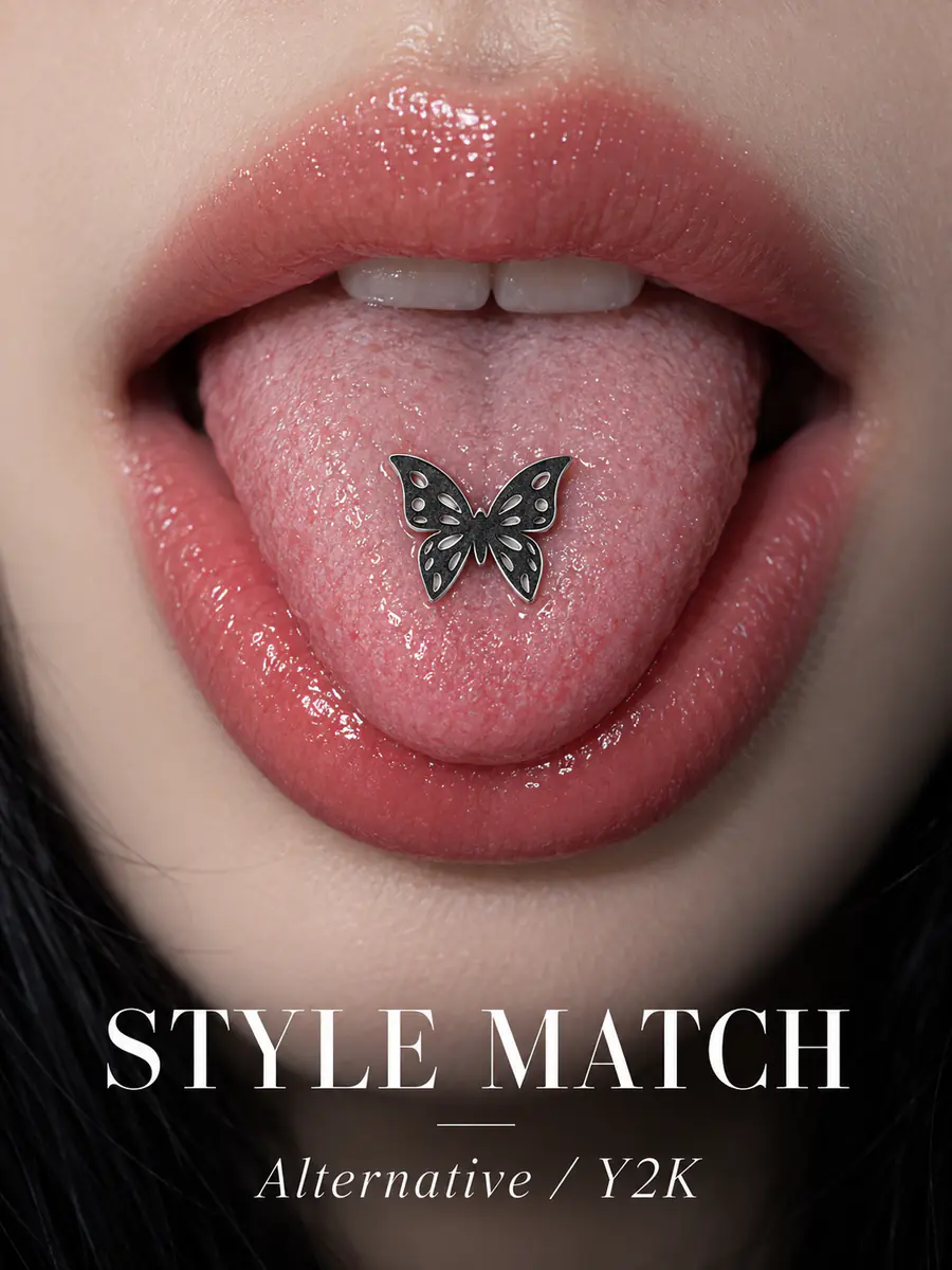 Cut-Out Butterfly Tongue Ring, Titanium Steel Butterfly Barbell, Edgy Tongue Piercing Jewelry - product image